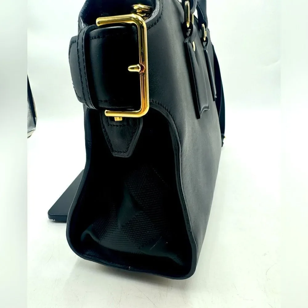 Auth Burberry Black Matte Leather Clifton Convertible 2way Handbag Purse